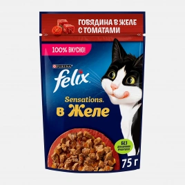 Влажный корм для кошек Sensations говядина в желе с томатами Felix 75г