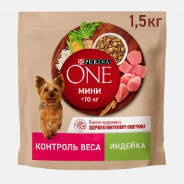 Сухой корм для собак мини пород склонных к набору веса c индейкой и рисом Purina ONE 1.5кг
