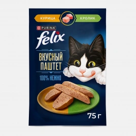 Влажный корм для взрослых кошек паштет с курицей и кроликом Felix 75г