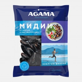 Мидии в створках Agama варено-мороженые в собственном соку 450г