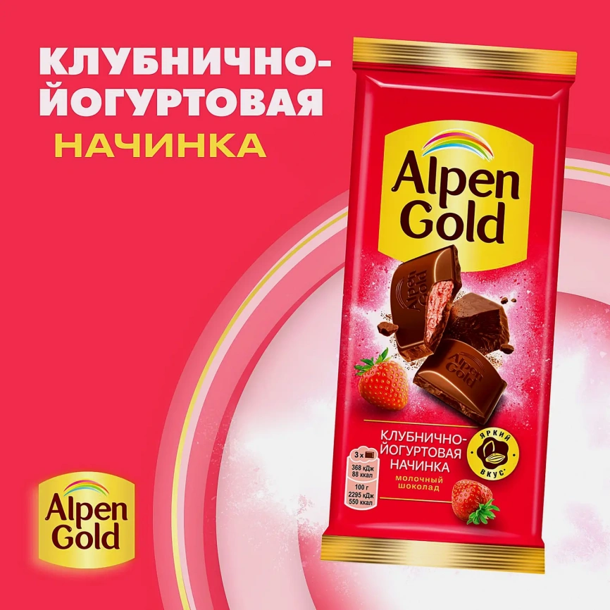 Молочный шоколад с клубнично-йогуртовой начинкой Alpen Gold 80г фото 2