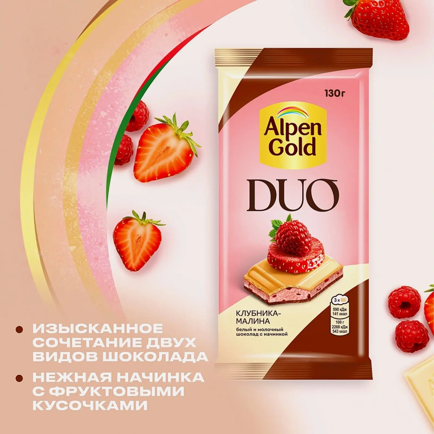 Белый и молочный шоколад с начинкой Клубника-малина Alpen Gold Duo 130г фото 5