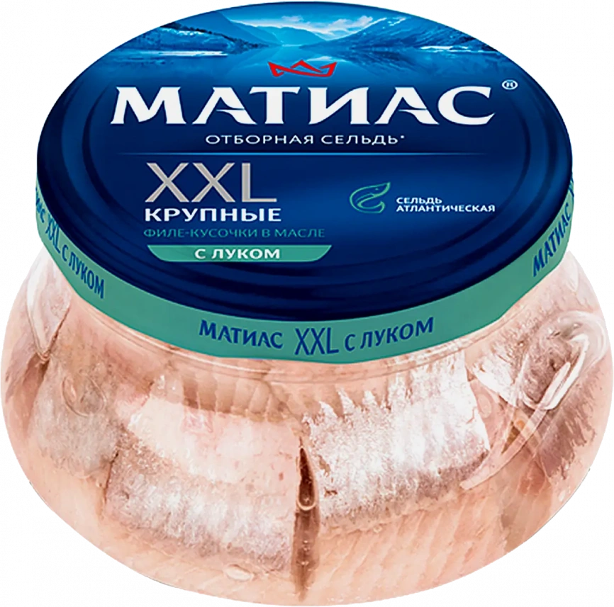 Сельдь Матиас филе-кусочки с луком в масле 260г фото 1