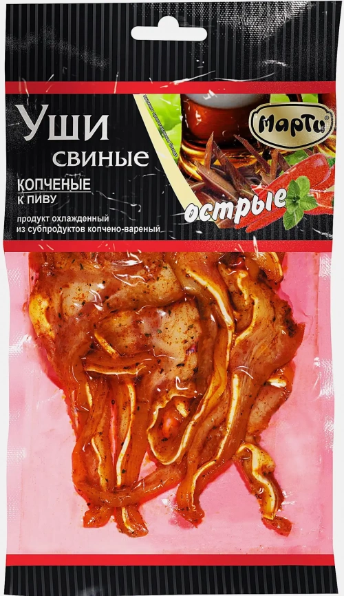 Уши свиные к пиву острые варено-копченые Марти 100г фото 1