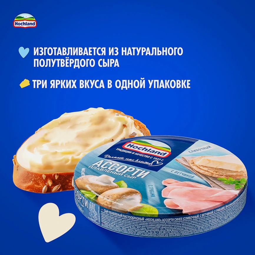 Сыр плавленый Hochland Синее ассорти сливочный с ветчиной с грибами порционный 50% 140г фото 3