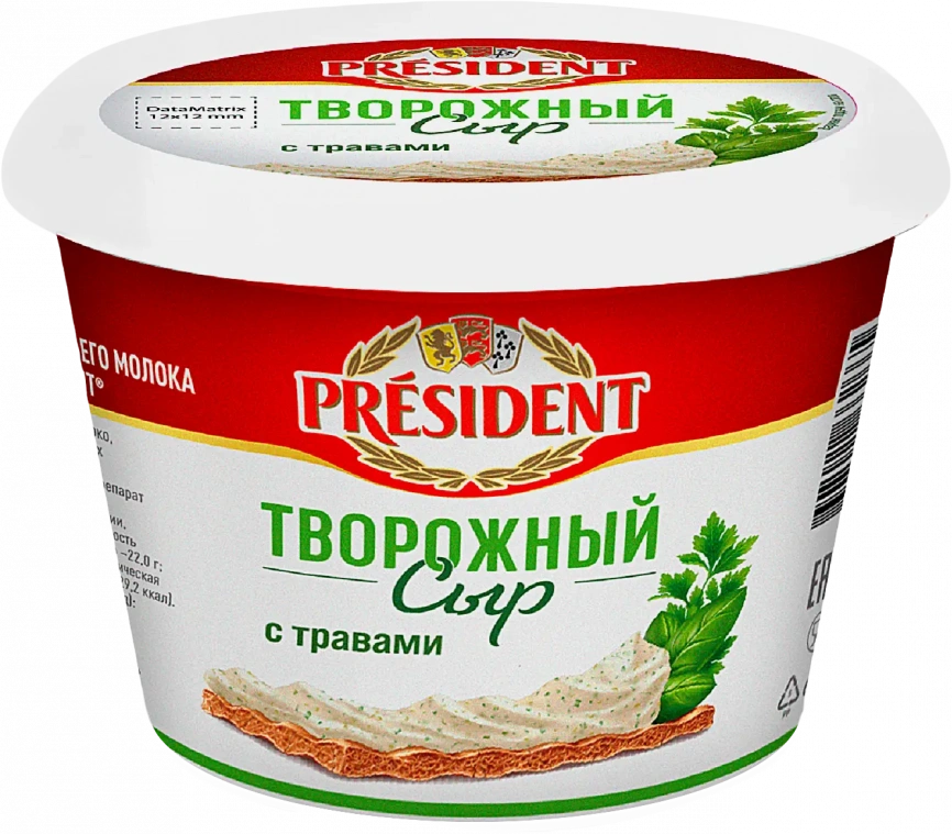 Сыр творожный President с травами 54% 140г фото 1