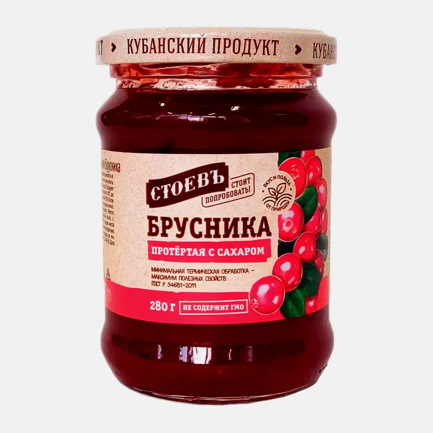 Ягода Соевъ протертая с сахаром брусника 280г фото 1