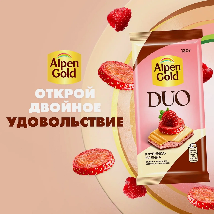Белый и молочный шоколад с начинкой Клубника-малина Alpen Gold Duo 130г фото 4