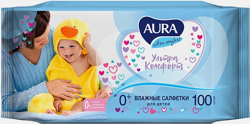 Салфетки влажные Aura Ultra Comfort детские с алоэ 100шт фото 1